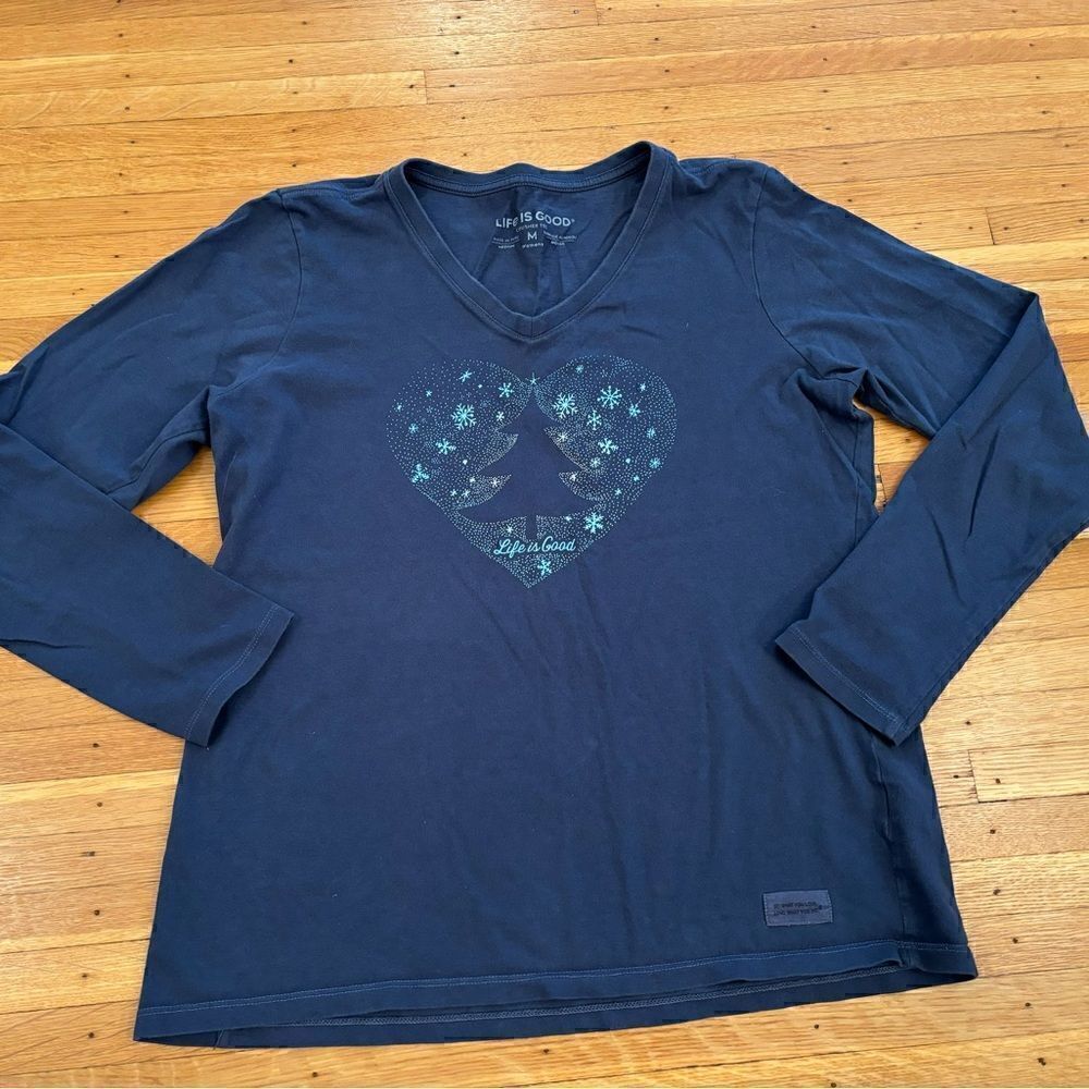 Life is Good Christmas tree/snowflake heart blue long sleeve tee shirt